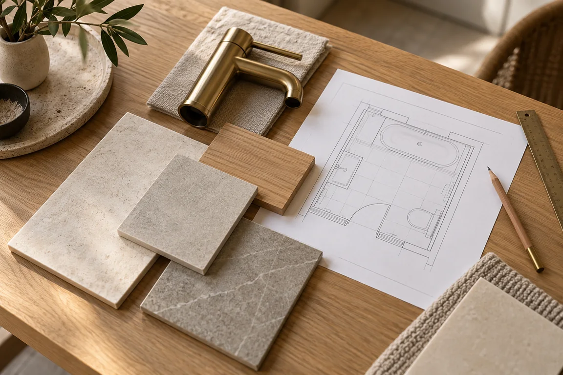 Bathroom layout plan with tile samples, wood finishes and a brass tap.